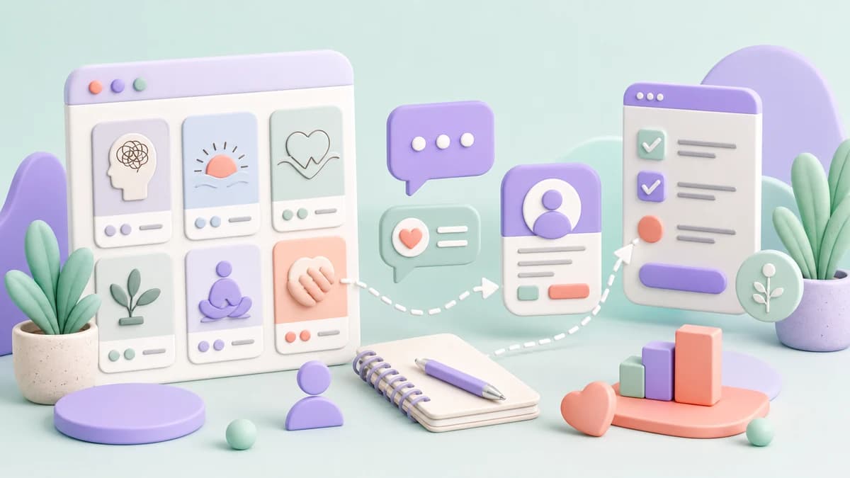 3D-иллюстрация Pinterest-карточек, чата и заявки для гайда психологов